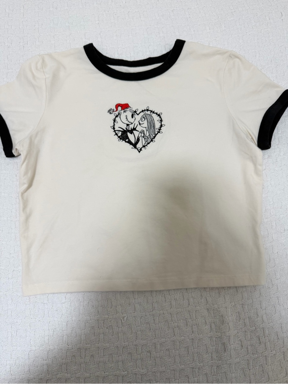 Cream Crop Ringer Tee with Black Trim and Heart Graphic